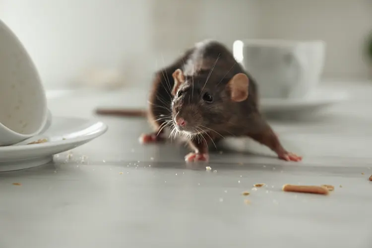 A rat on a dirty table with crumbs strewn about.