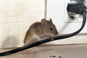 A mouse and spider crawling along an extension cord.
