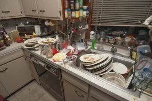 An overhead view of a dirty countertop covered in dishes and a kitchen sink full of dirty dishes.