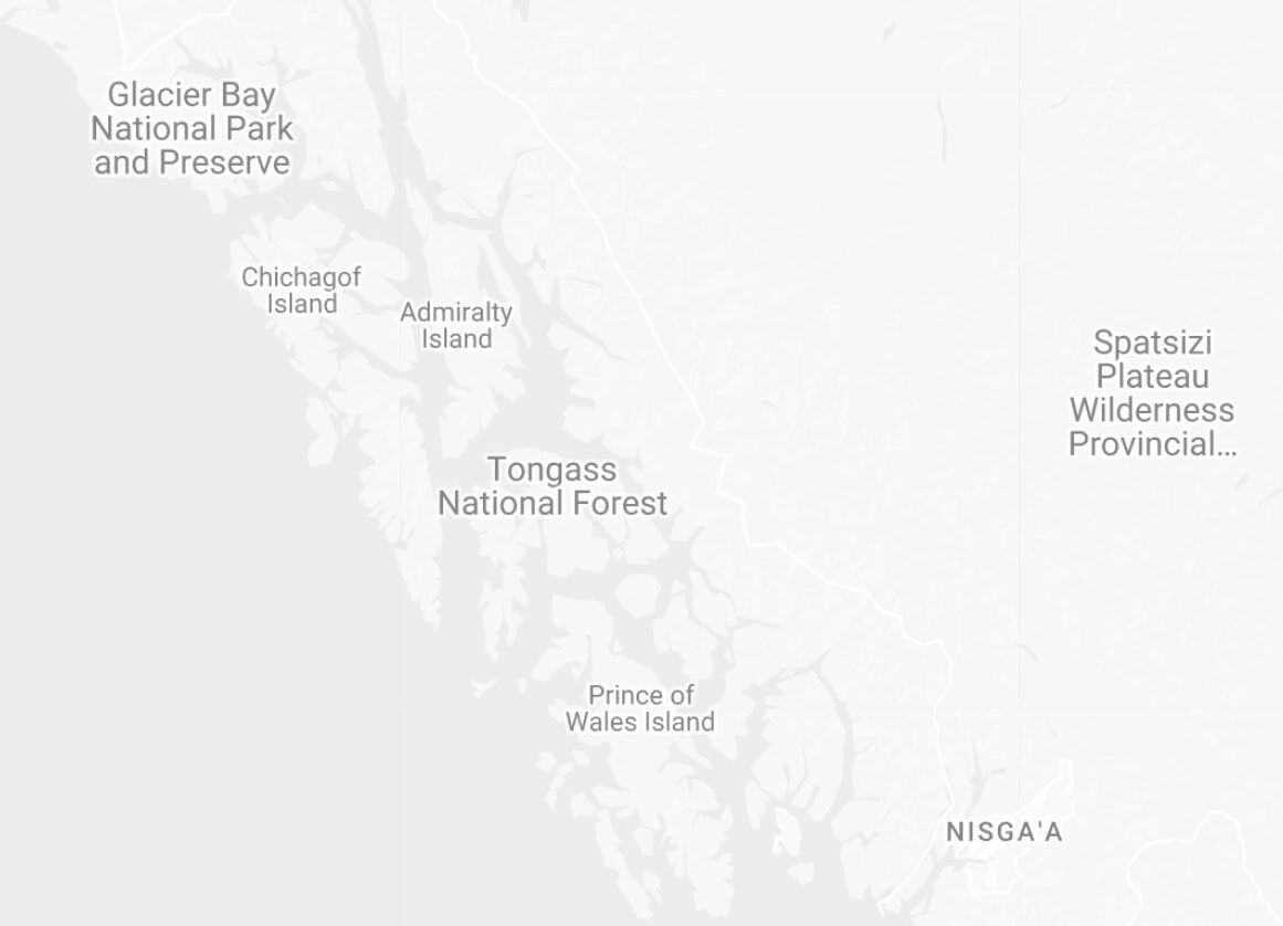 A map of southeast Alaska in grey tones.