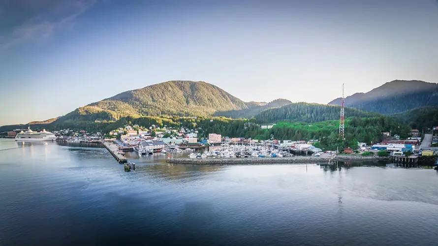 A view of downtown Ketchikan from the water looking towards Thomas Basin Harbor.