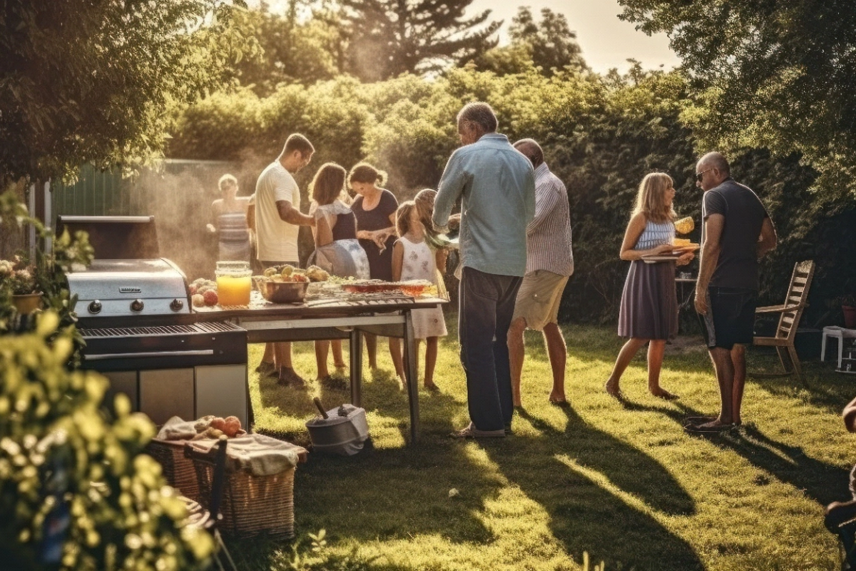 A group of people grilling out in the backyard.