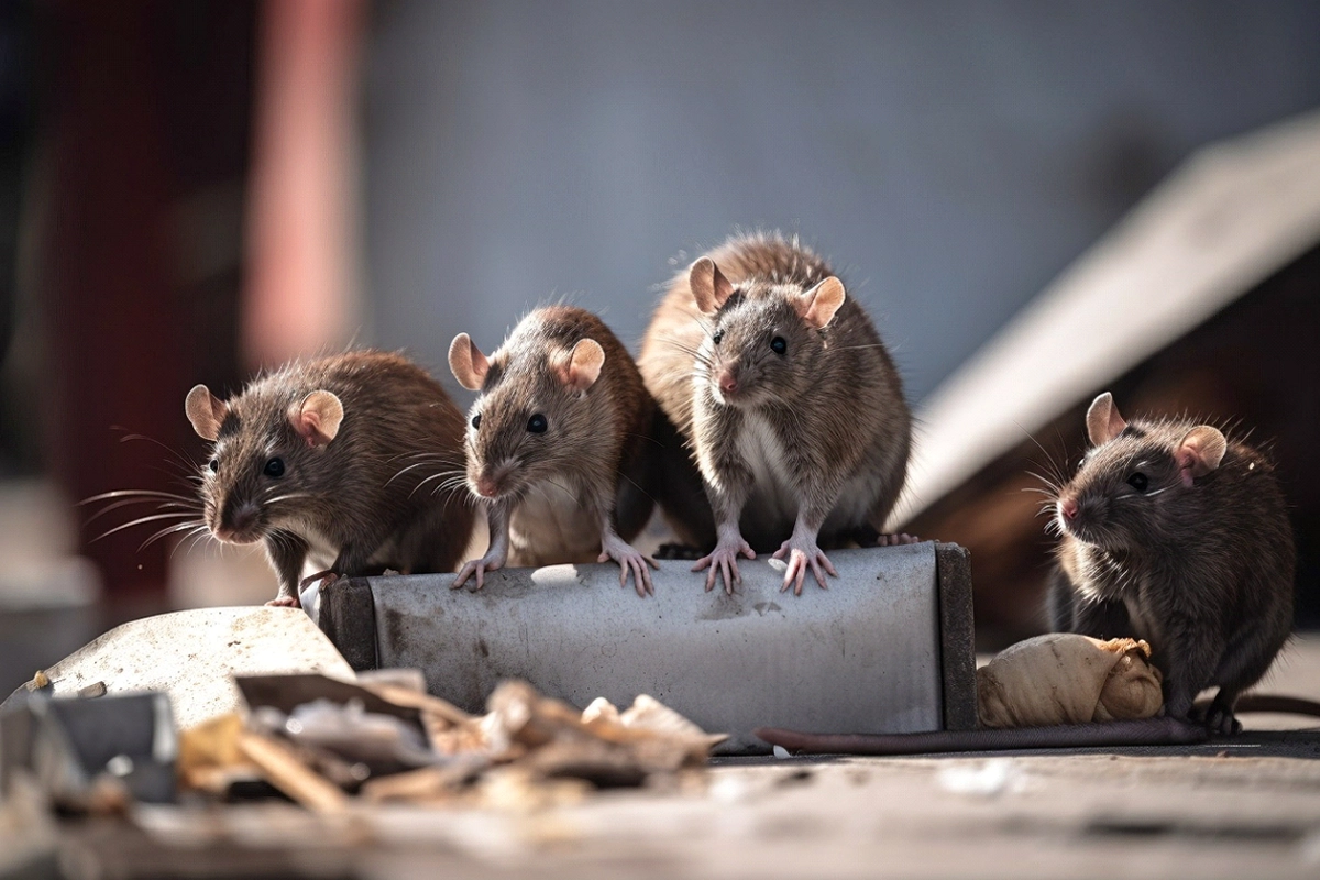 Four rats standing next to each other around trash.