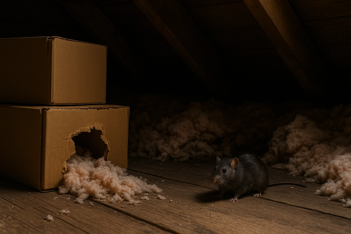 Rat in an attic beside chewed cardboard boxes and insulation material, a sign of rodent nesting activity indoors.