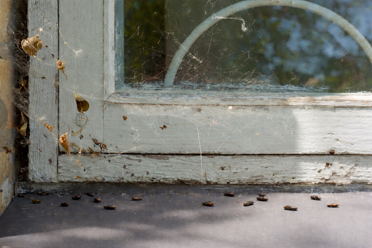 Rat droppings scattered along a windowsill with cobwebs and debris, indicating possible rodent infestation inside a building.