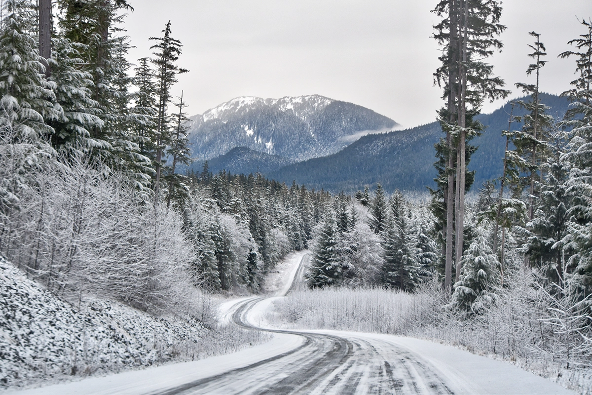 Snow covered winding road surrounded by frosted trees with mountains rising in the distance under an overcast sky.