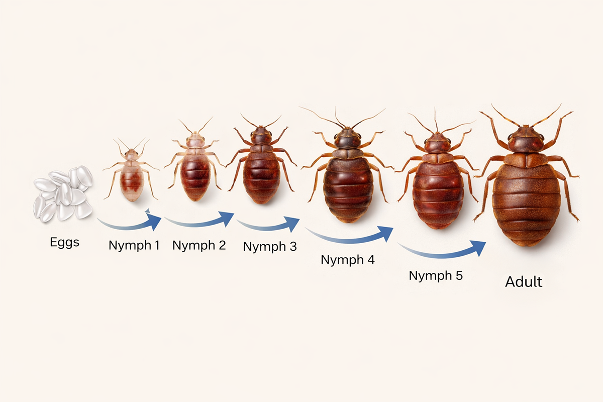 Diagram showing the bed bug life cycle from eggs through multiple nymph stages to adult.