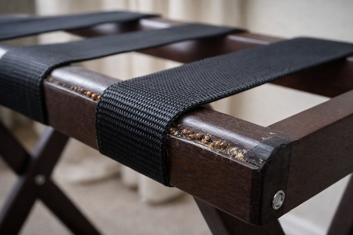 Bed bugs and shed skins hidden along the fabric seam of a wooden hotel luggage rack.