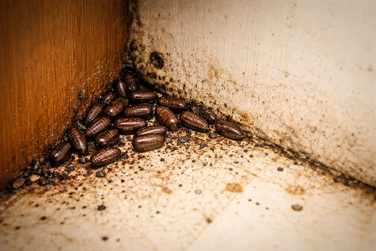 Close up of cockroach egg cases clustered in the corner of a cabinet, a common hidden sign of infestation.