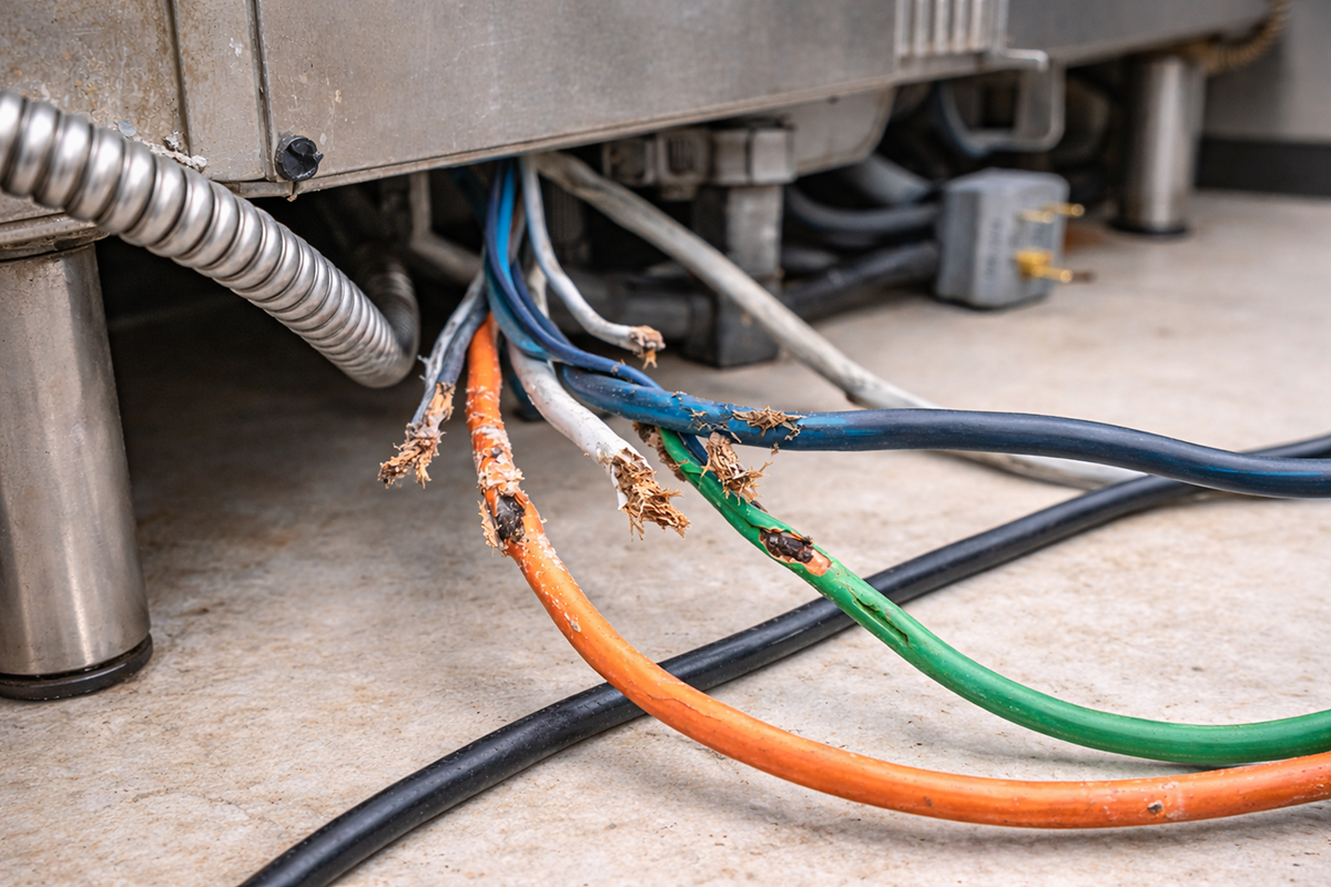 Gnawed electrical wires behind commercial kitchen equipment showing rodent damage