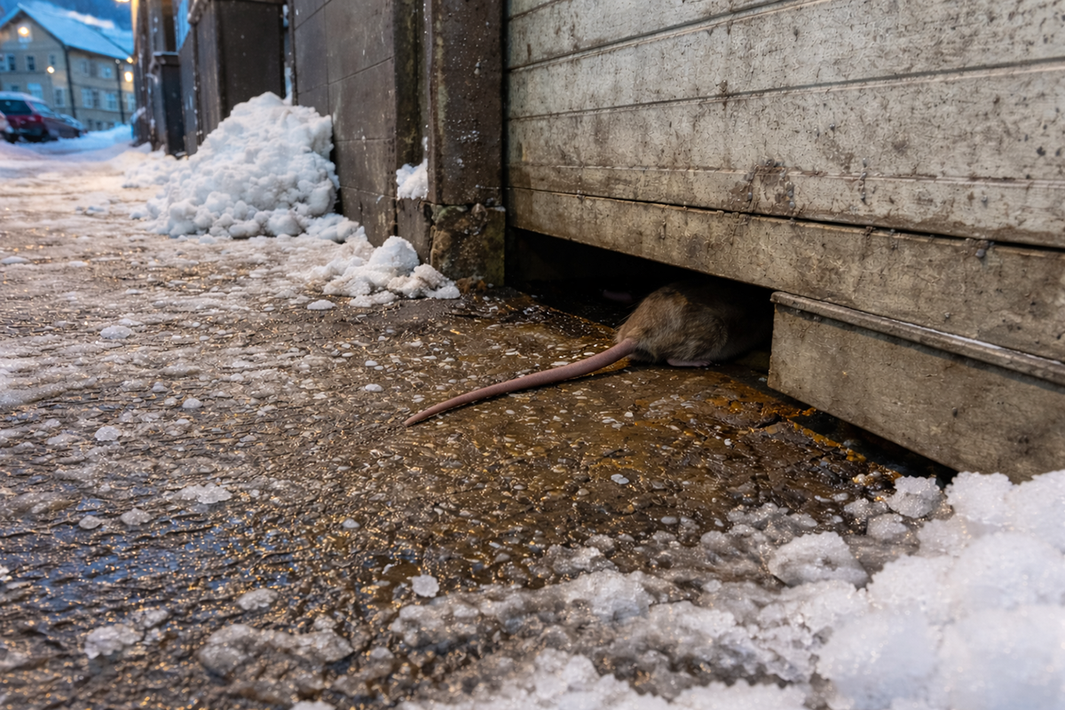 Norway rat tail and rear visible as it squeezes under loading bay door in snowy alley