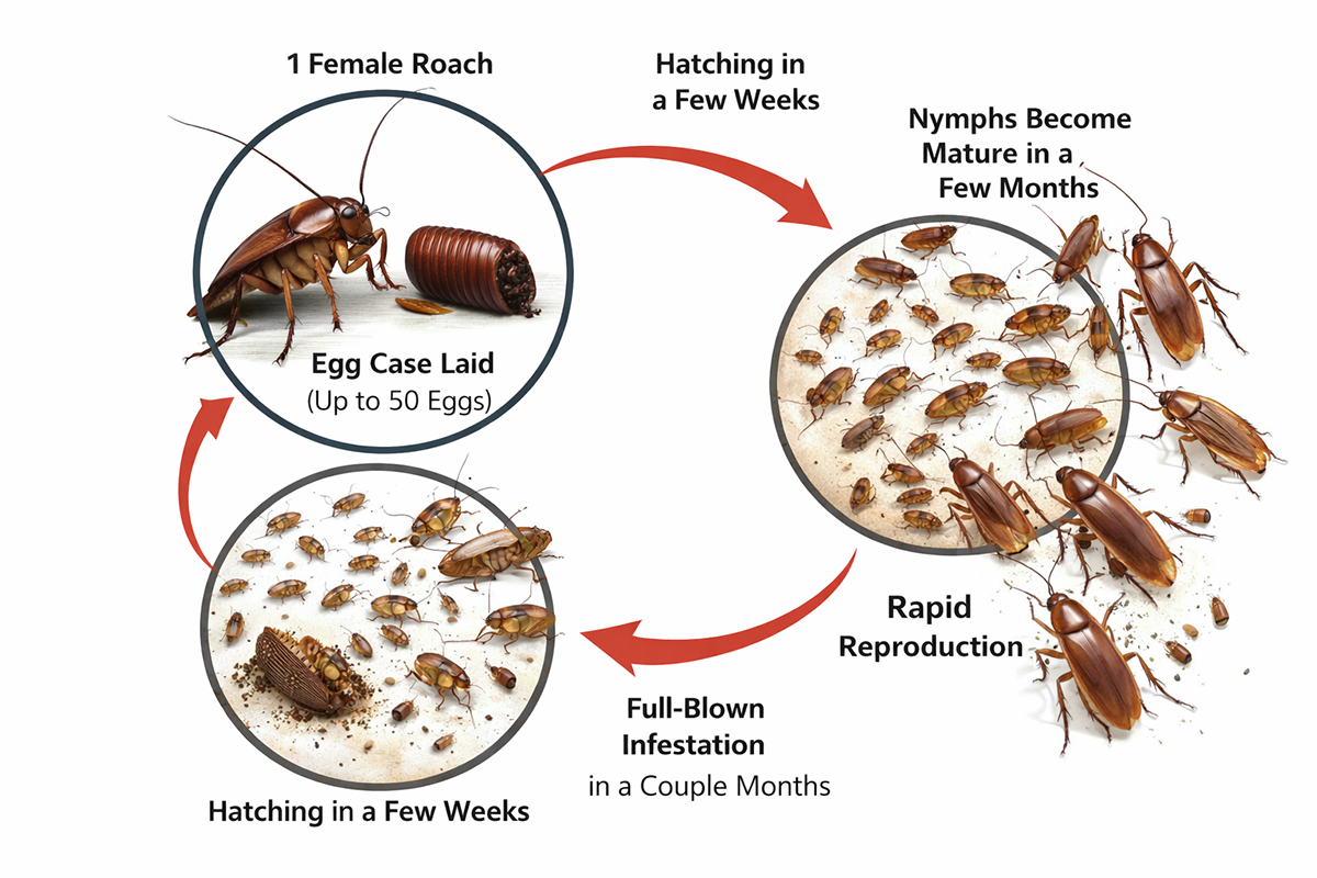 Diagram showing the cockroach life cycle from egg case to nymphs and adult roaches, illustrating how quickly infestations develop.