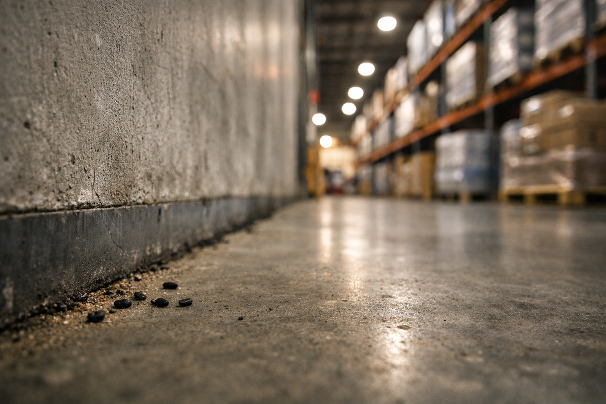 Rodent droppings on concrete warehouse floor with storage shelves in background