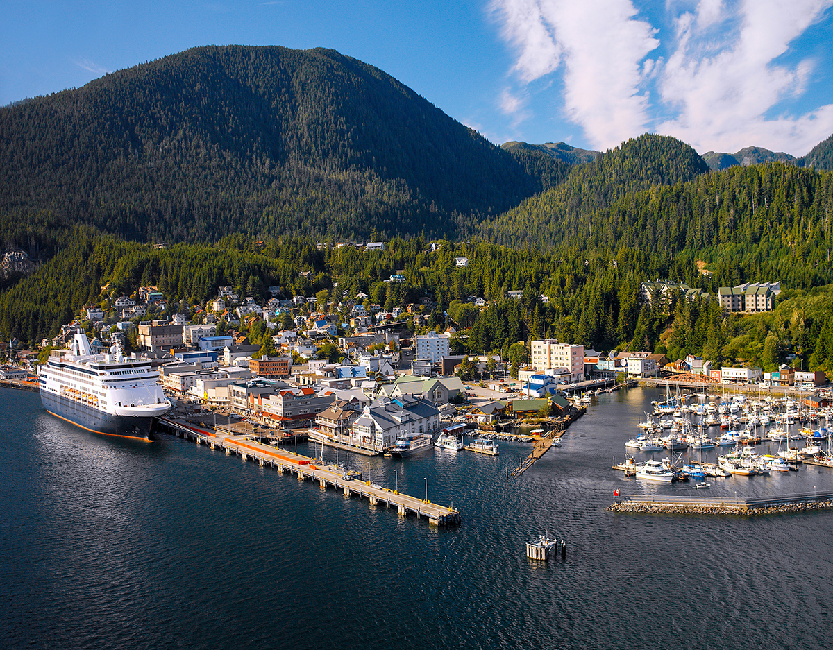 Coastal harbor town with cruise ship docked near marina and forested mountains in background