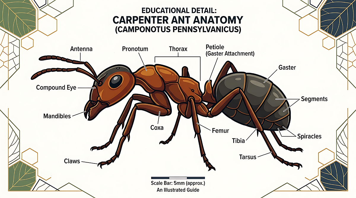 Labeled diagram of carpenter ant (Camponotus pennsylvanicus) anatomy, showing antenna, compound eye, mandibles, pronotum, thorax, coxa, femur, tibia, tarsus, claws, petiole, and segmented gaster with spiracles.
