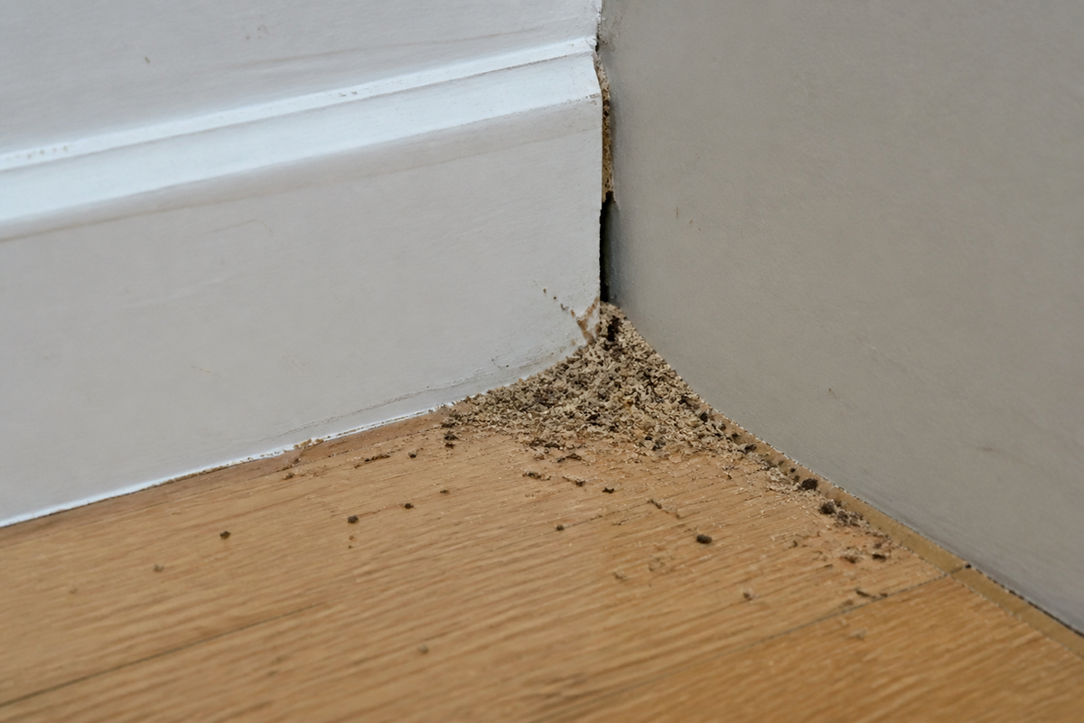Pile of sawdust-like carpenter ant frass at the base of an interior baseboard where wood has been damaged.