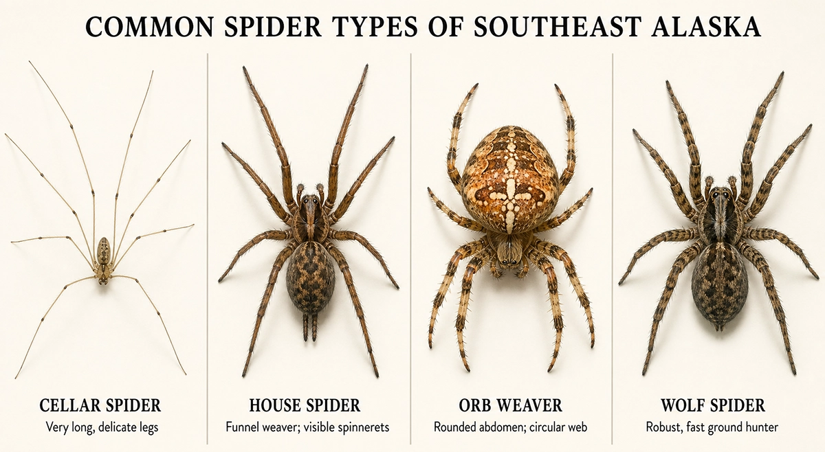 Common Southeast Alaska spiders including cellar spider, house spider, orb weaver, and wolf spider.