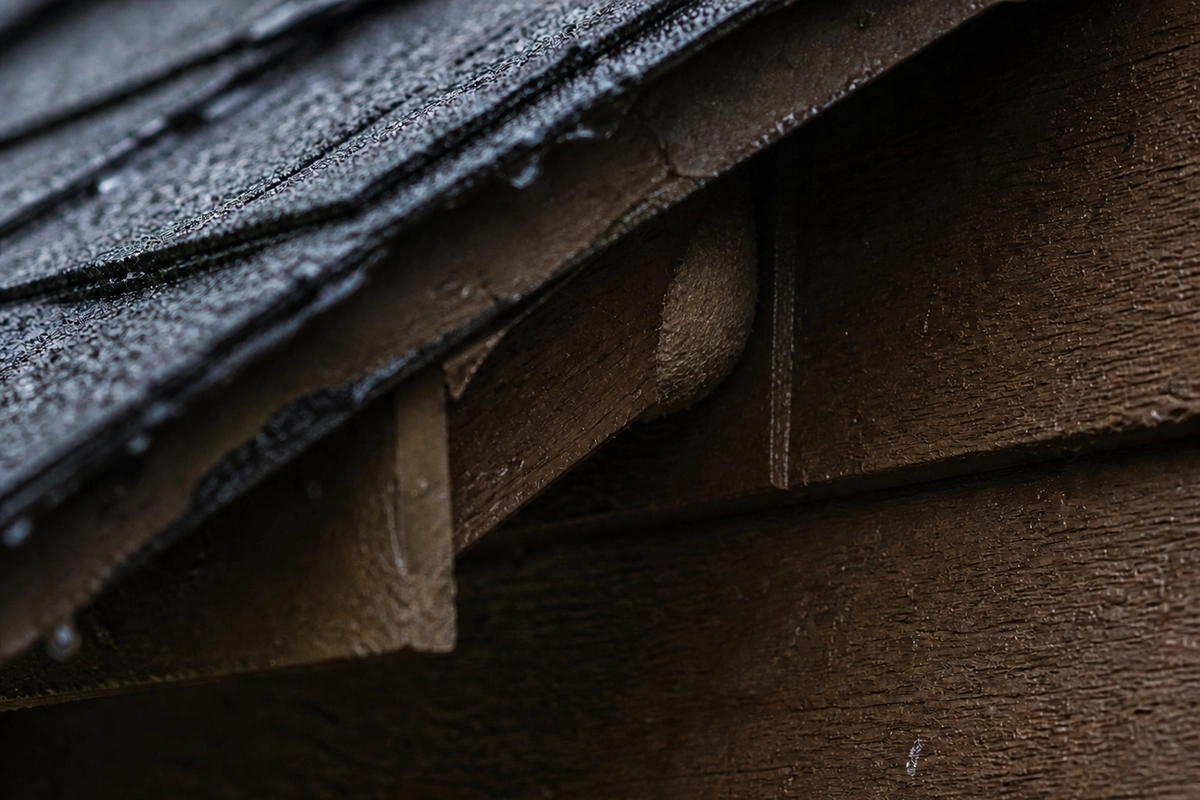Spider egg sac tucked beneath the wet roof eaves of a Southeast Alaska home.