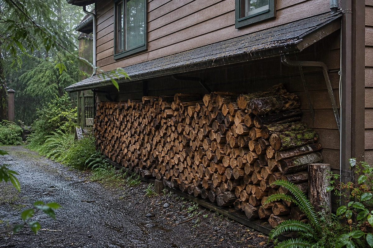 Stacked firewood beside a home in rainy Southeast Alaska providing shelter for spiders and other pests.