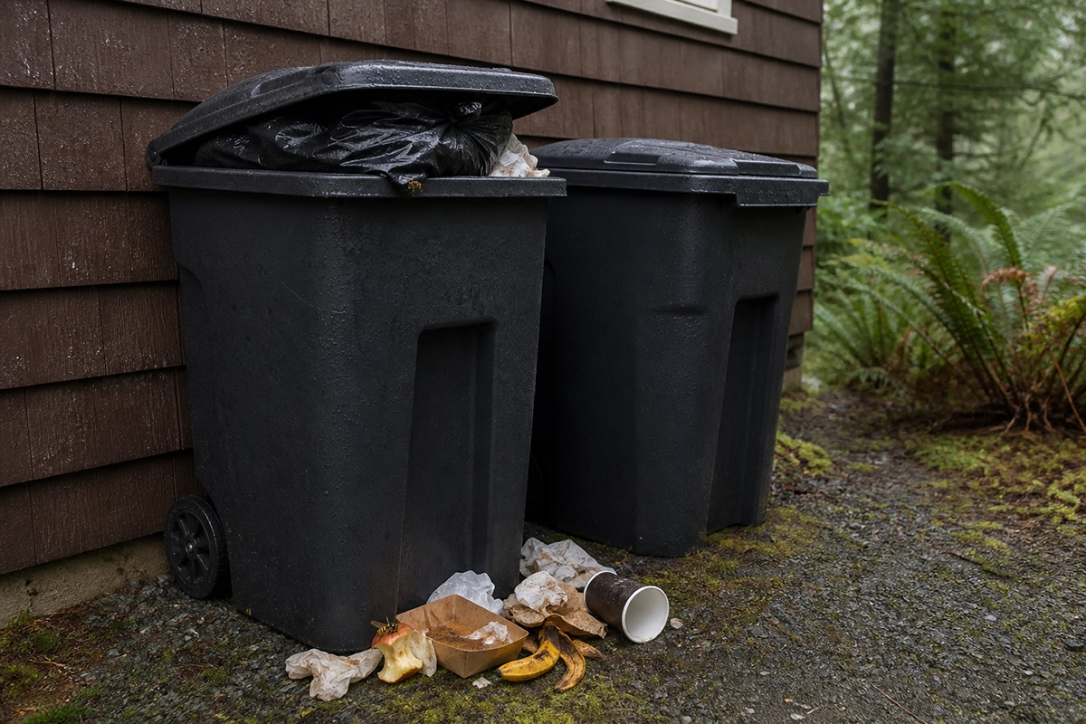 Overflowing outdoor garbage cans attracting wasps and other pests near an Alaska home