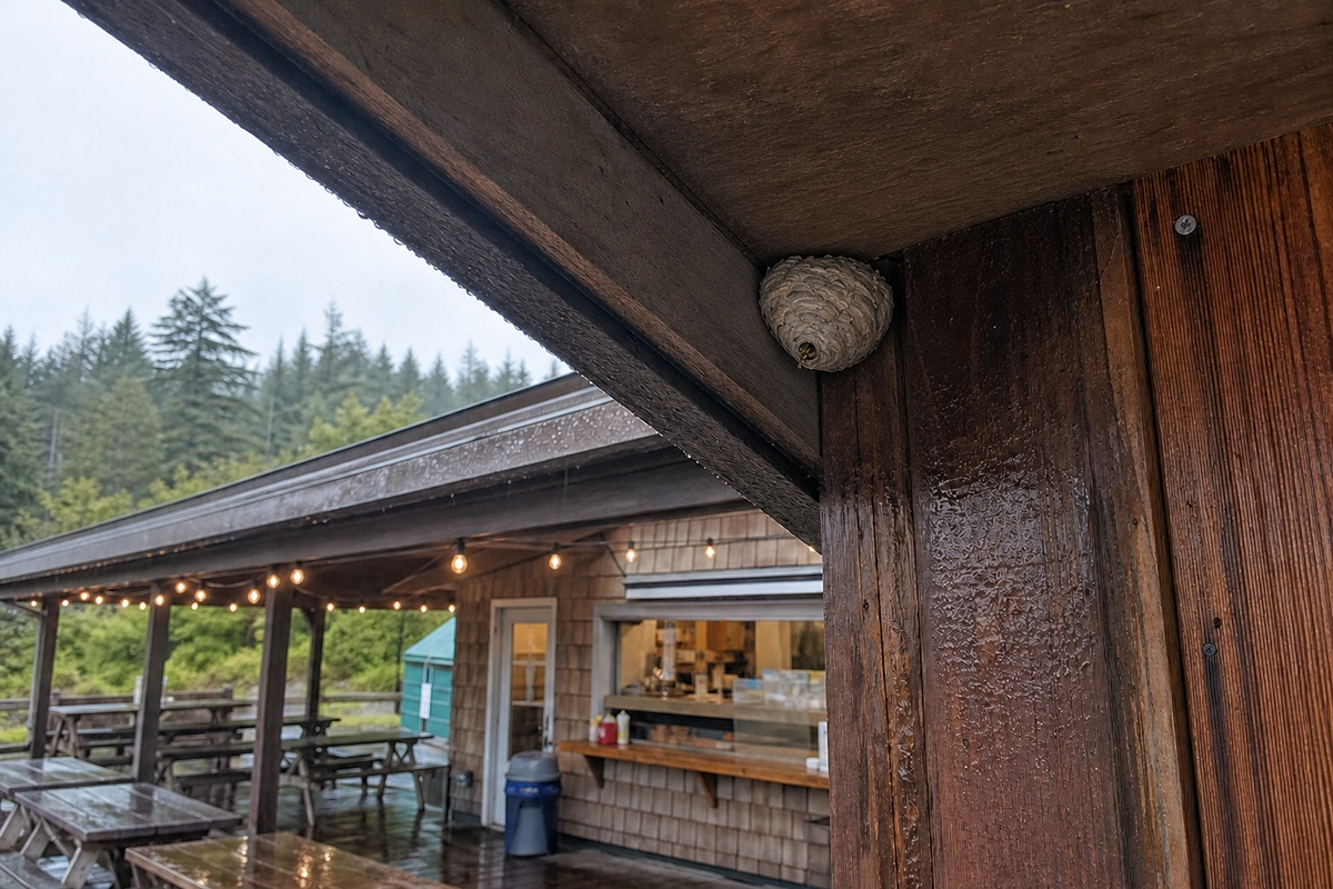 Wasp nest under the roof of an outdoor dining area in Southeast Alaska