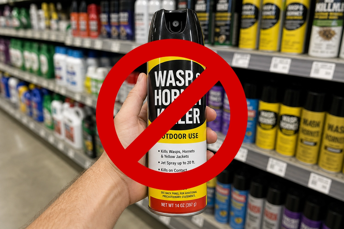 Store-bought wasp and hornet spray with warning symbol discouraging DIY wasp removal