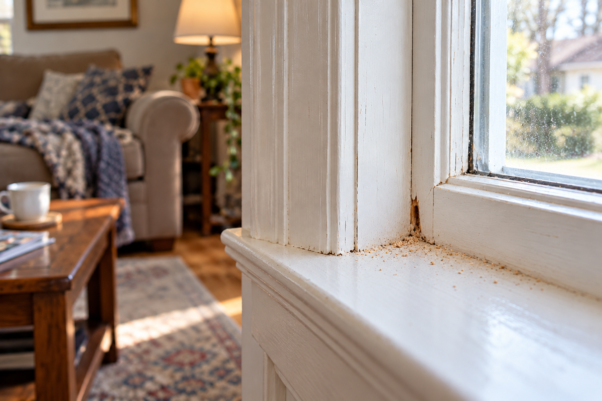 Close-up of a white wooden window frame with chipped paint, small cracks, and debris, showing signs of potential moisture damage or pest activity.